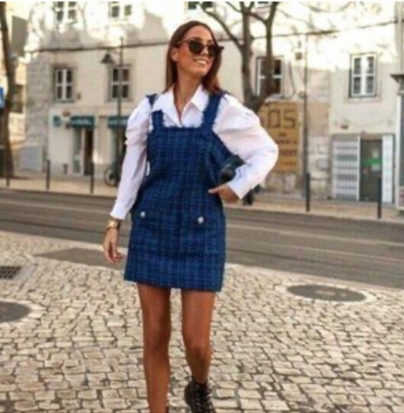 Stylish Blue Tweed Pinafore Dress - Picture 1 of 16